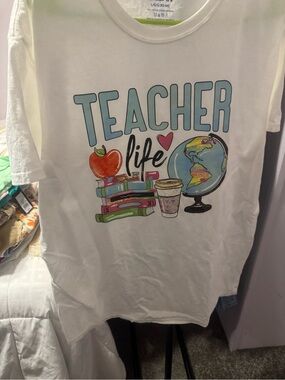 Gildan White "Teacher Life" Graphic Tee with Colorful School Icons